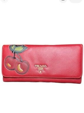 Prada Saffiano leather continental wallet in red with cherries 🍒